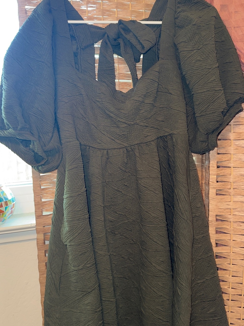 Free People Olive Green Textured Puff-Sleeve Mini Dress - Picture 2 of 4